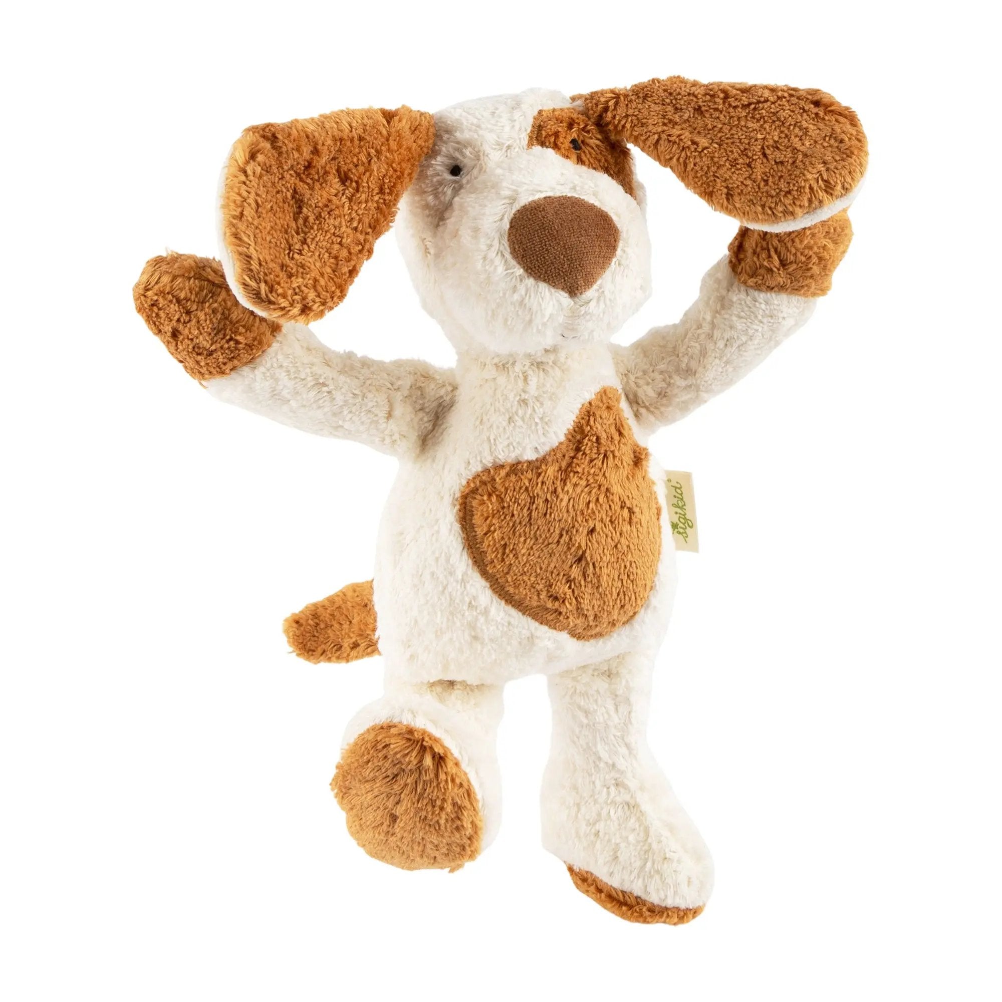 Soft organic puppy stuffed animal in cream and brown with floppy ears and patch details – sigikid baby plush toy
